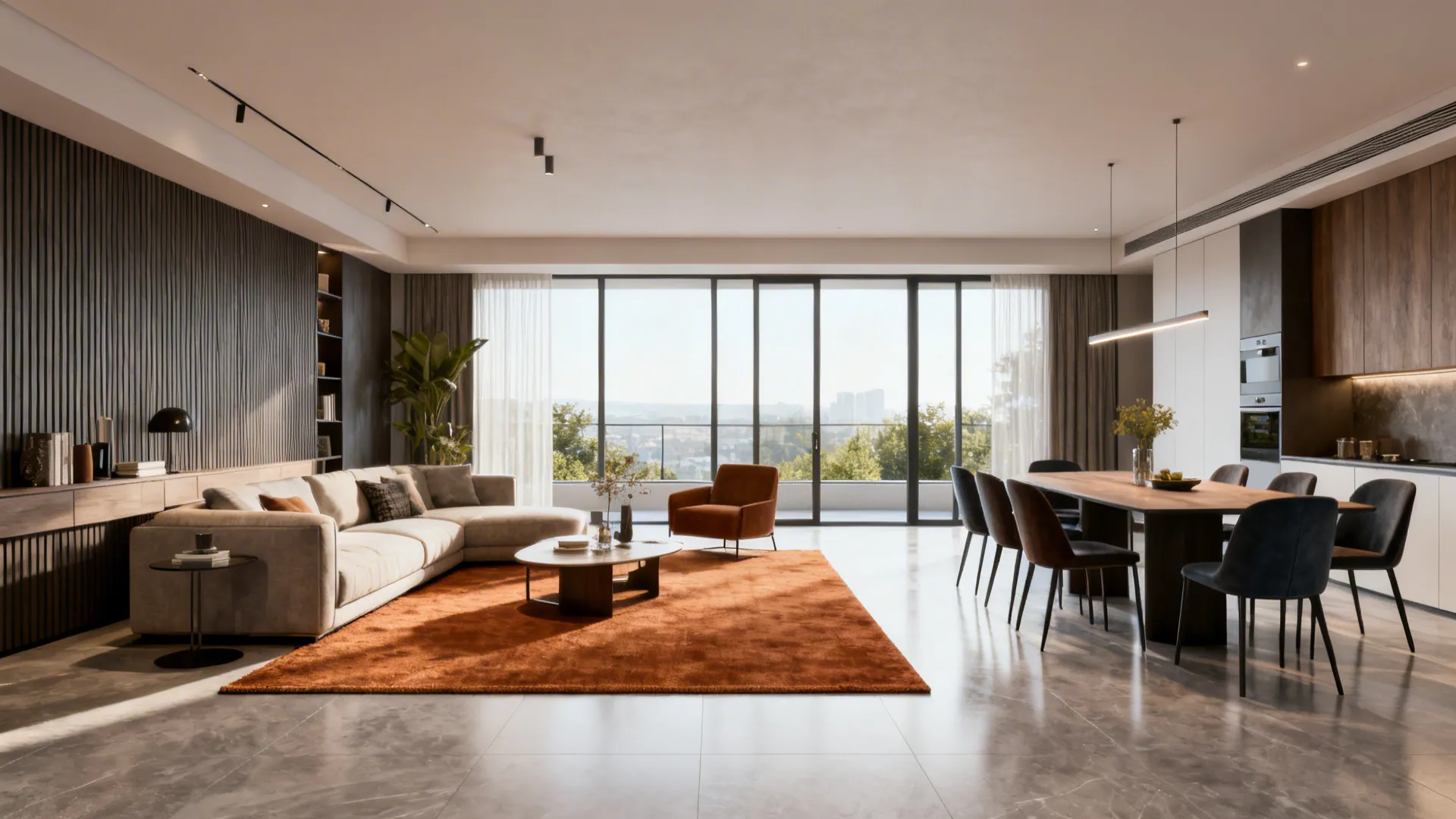 Open-plan apartment with a mid-size rug dividing the living conversation area from the dining zone.