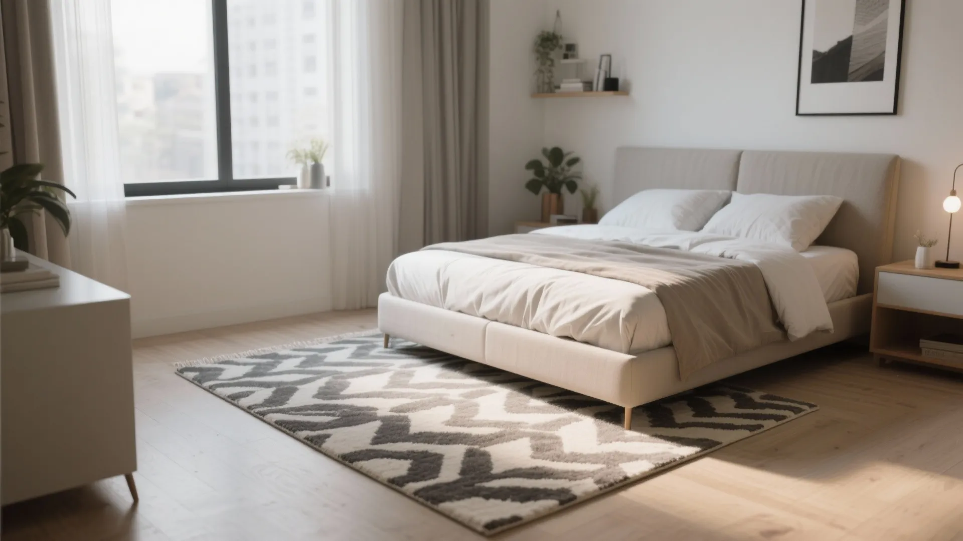 Modern bedroom with patterned rug under bed wooden floor white walls and large bright window