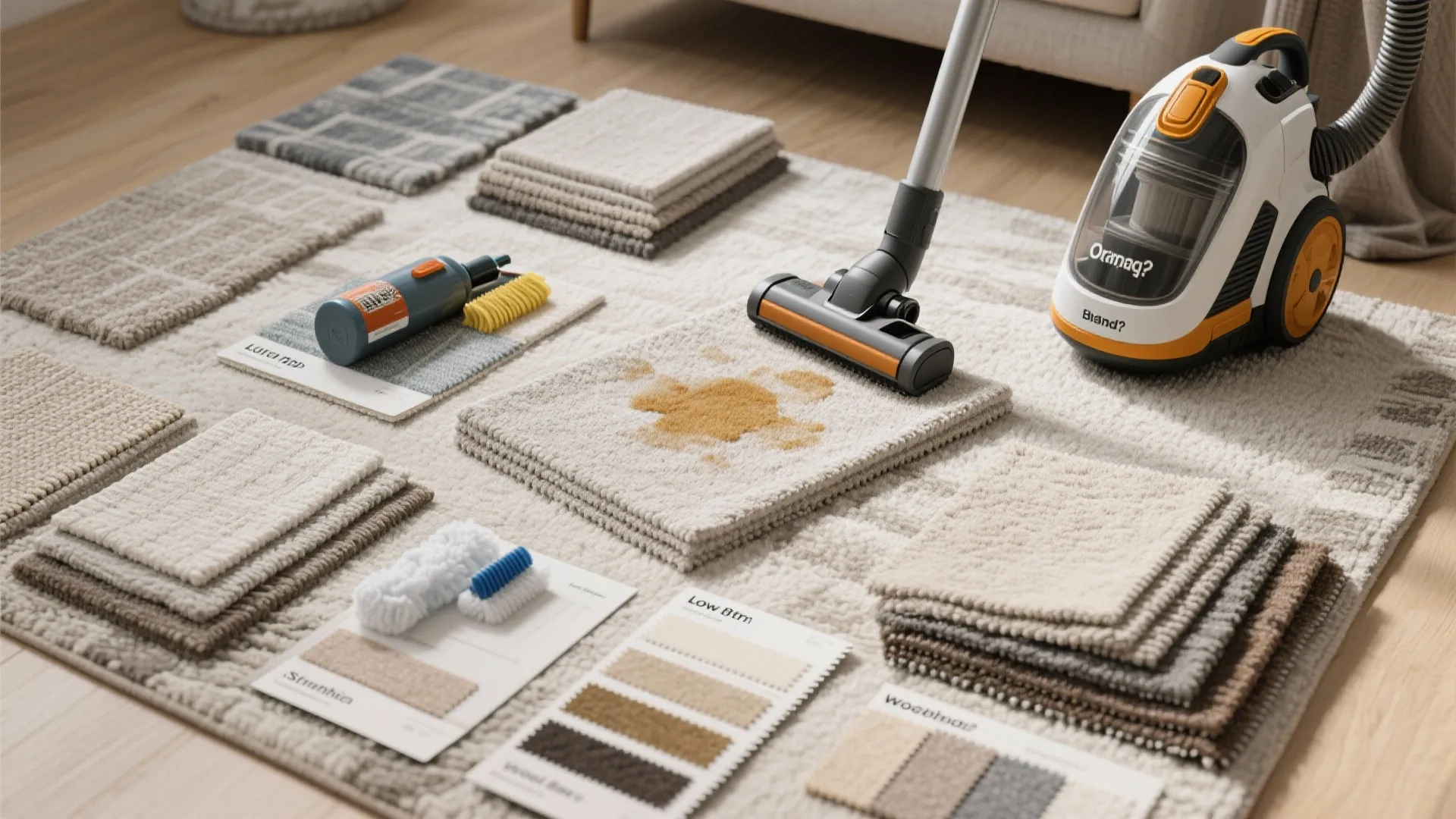 Flatlay of rug samples, cleaning tools, and labels showing recommended materials and care tips.