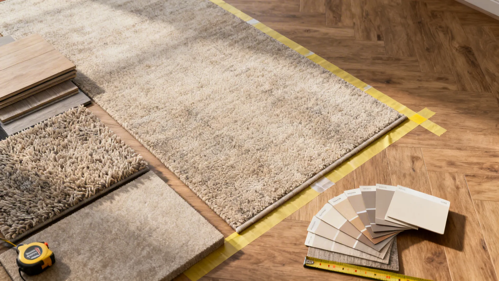 Flatlay of rug samples, pad swatches and tape outlines showing practical sizing tips