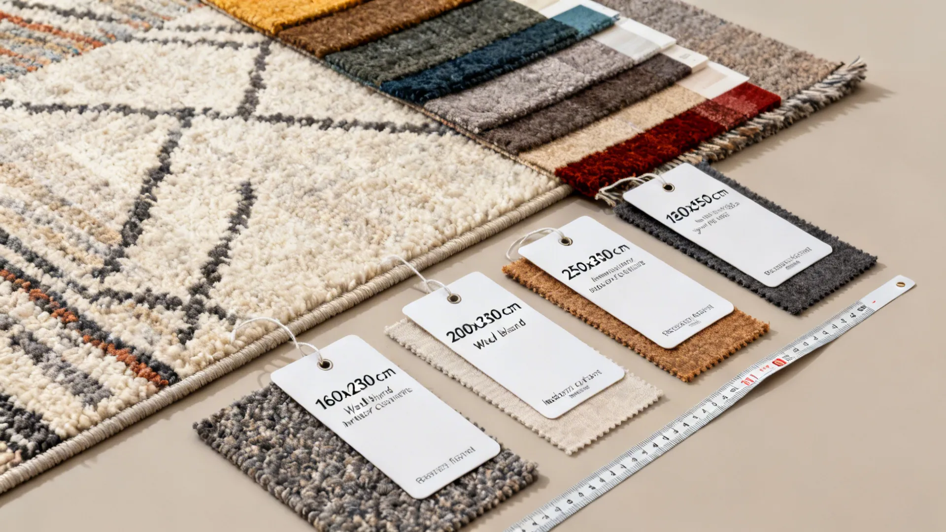 Flatlay of rug material samples, size tags, and measuring tape illustrating rug choices