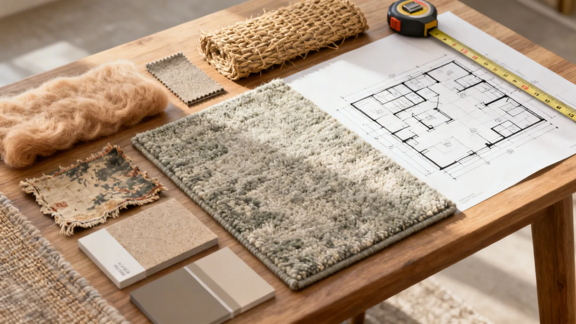 Flatlay of rug swatches, pad sample, measuring tape and floor plan sketch for rug selection