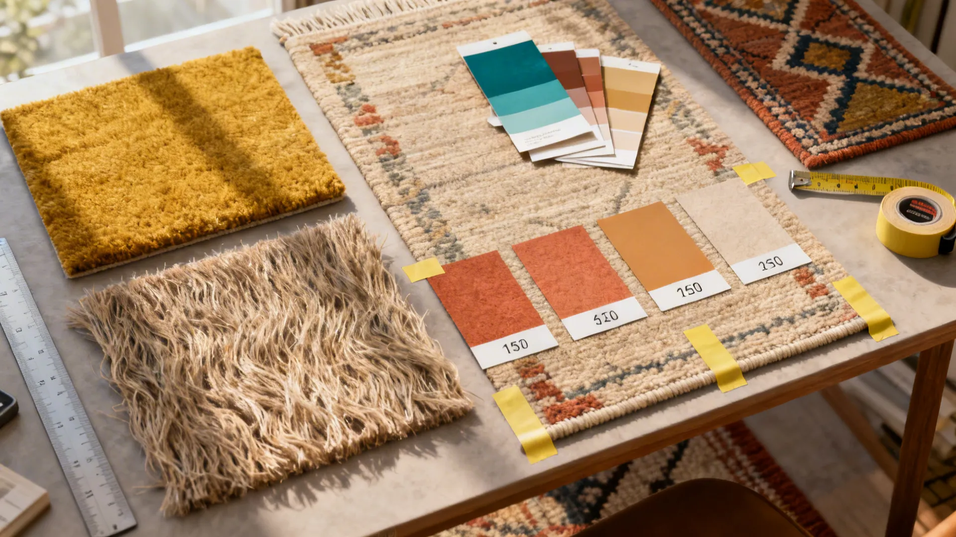 Flatlay of rug swatches, color chips, and measuring tape for mid-century rug planning.