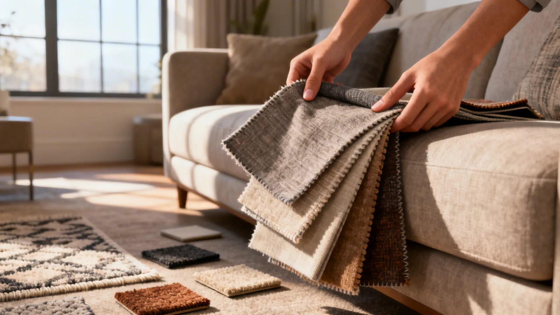 Designer holding rug samples over a sofa to test colors and textures in natural light