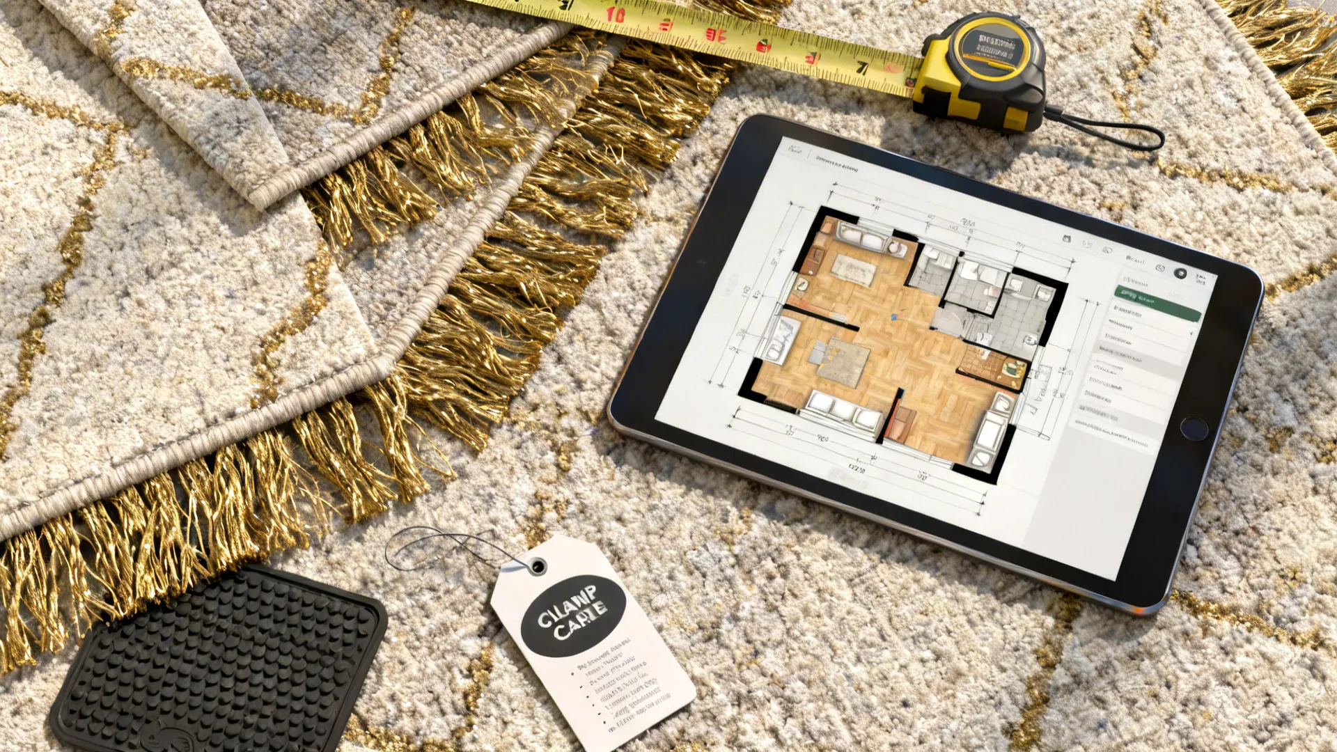 Flatlay of rug material swatches, measuring tape, tablet showing a 3D floor planner, and a non-slip pad.