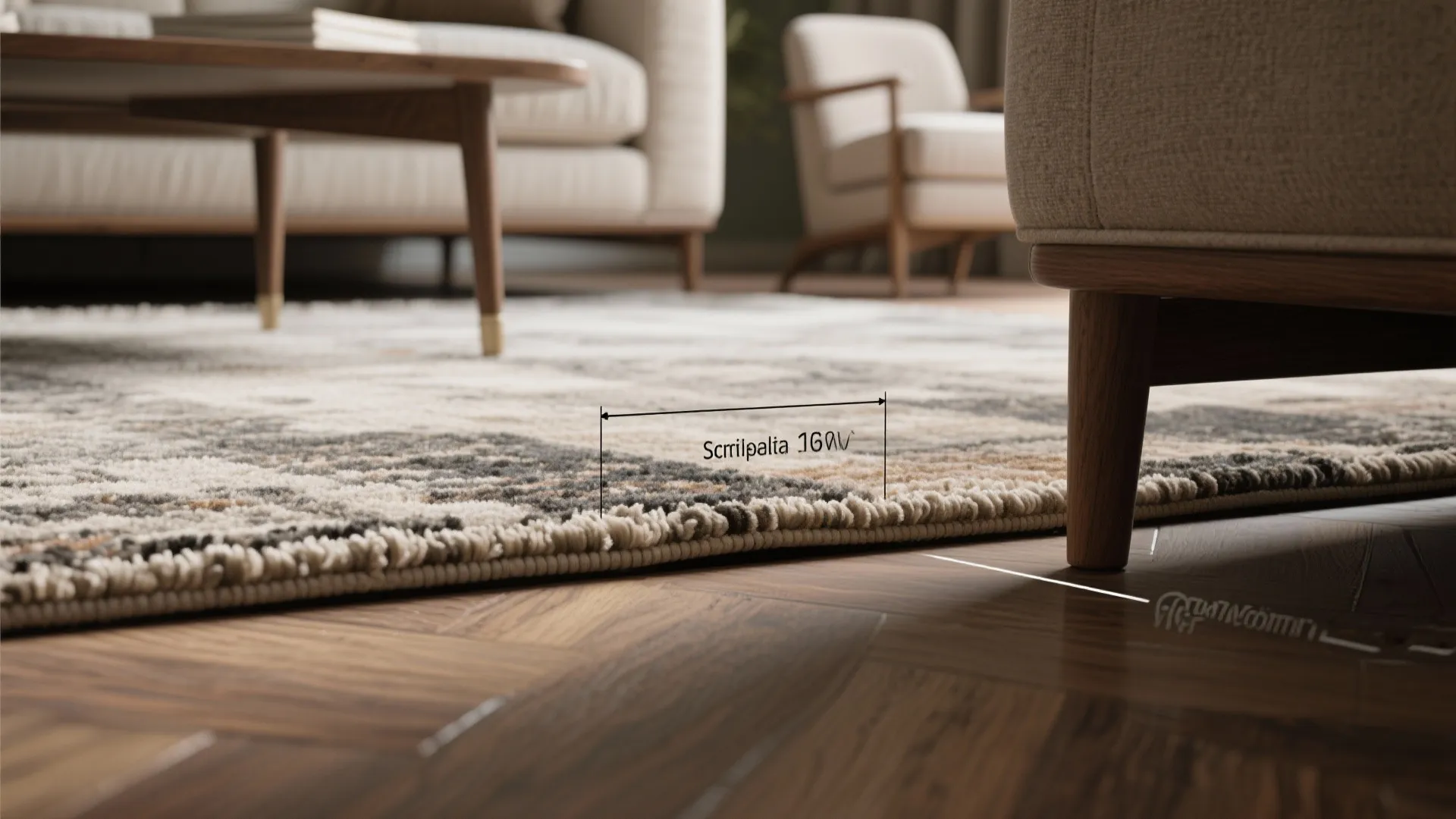 Close up view of patterned rug texture on wood floor with dimension line and sofa legs