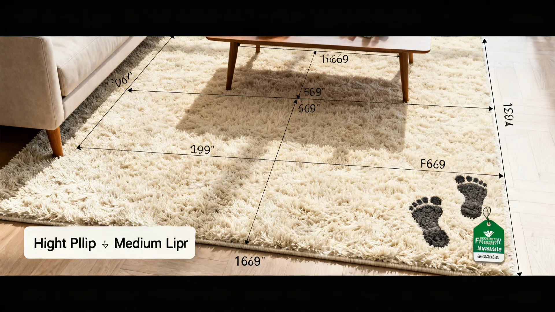 Diagram of a cream area rug with dimension lines placed under a sofa and table