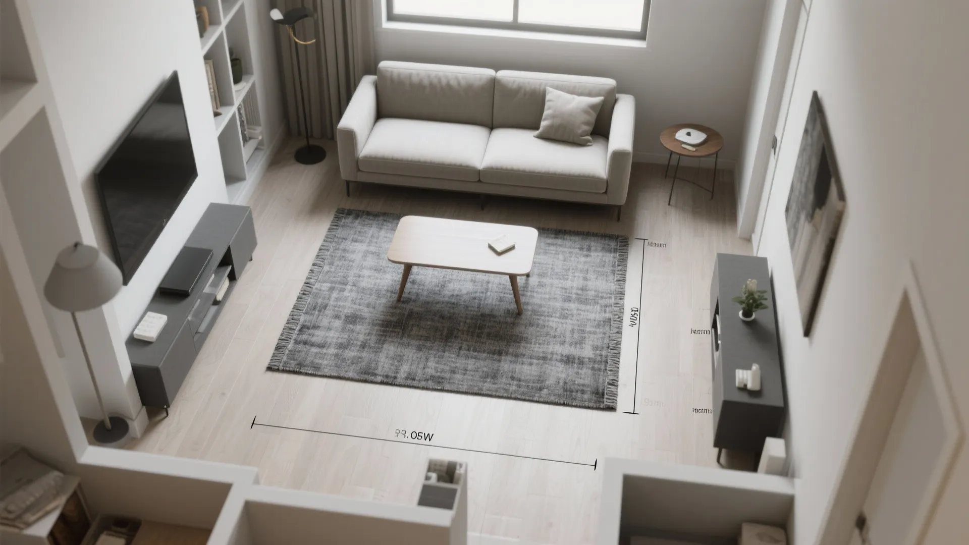 Top-down floor plan view showing strategic placement of a small grey rug under a coffee table and sofa legs