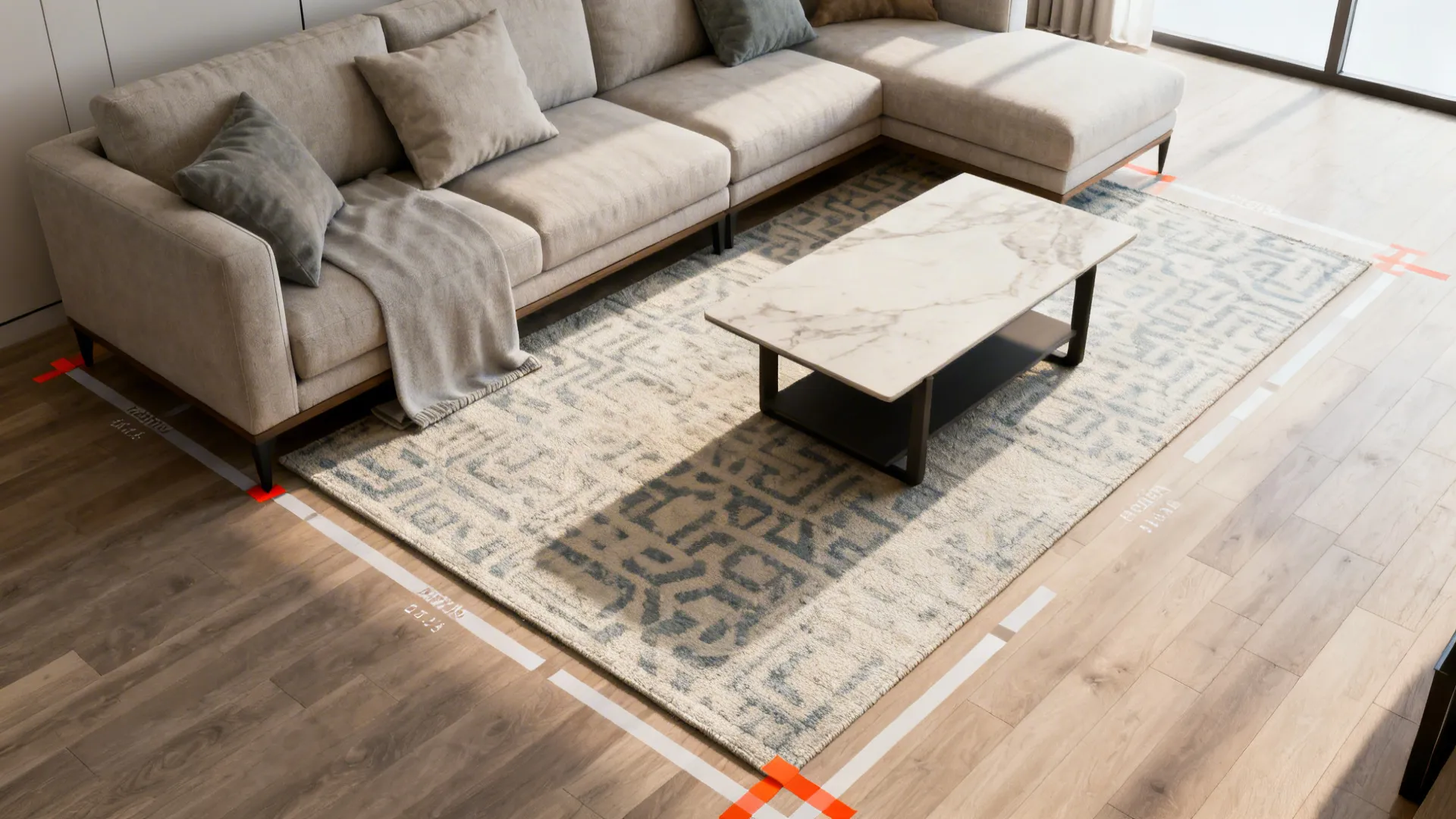 Top-down view of an L-shaped couch seating zone with a light patterned rug and taped measurements