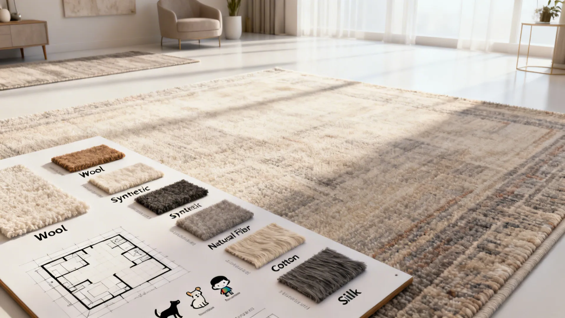 Mood board with rug swatches and floorplan showing rug selection tips for homes with pets and kids.