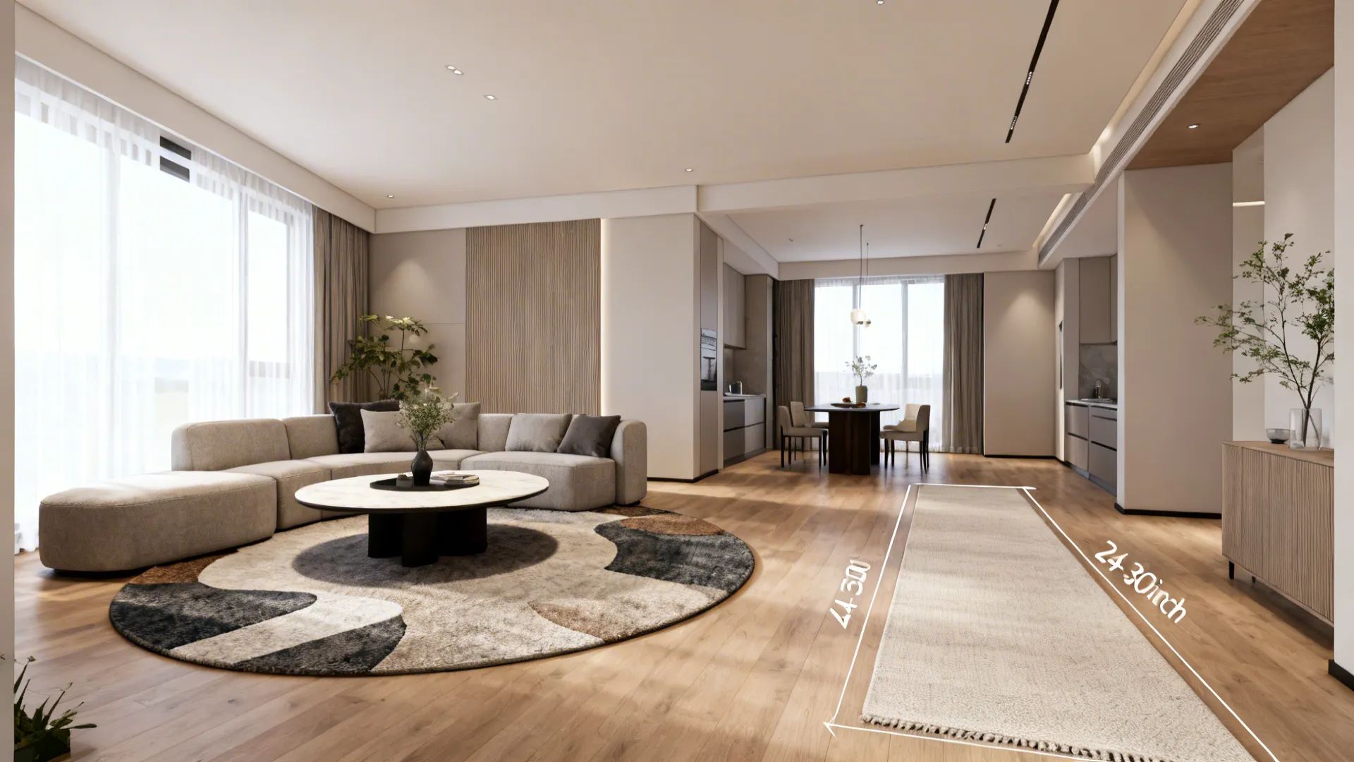 Living room demonstrating round rugs and a runner defining pathways and circulation.