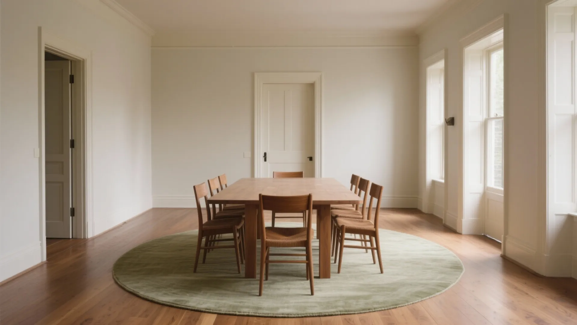 Minimalist dining room with wooden table and chairs placed on a large round green rug