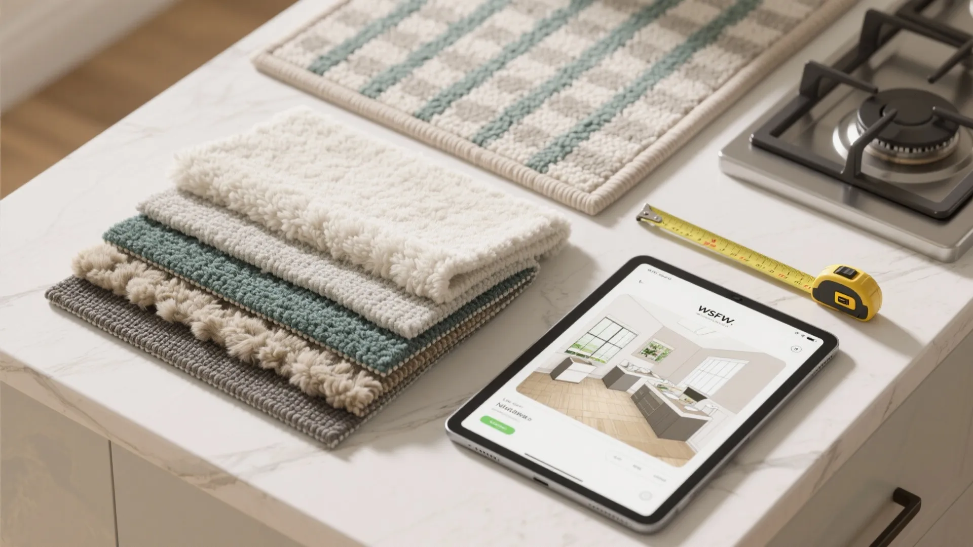 Flatlay of rug swatches, non-slip pad, measuring tape and tablet with room planner for runner planning