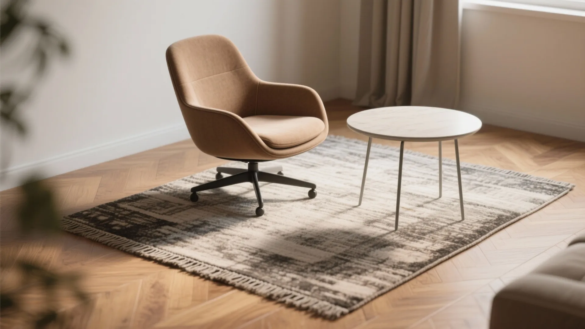 Brown swivel chair and white round side table on patterned rug with light wooden floor boards