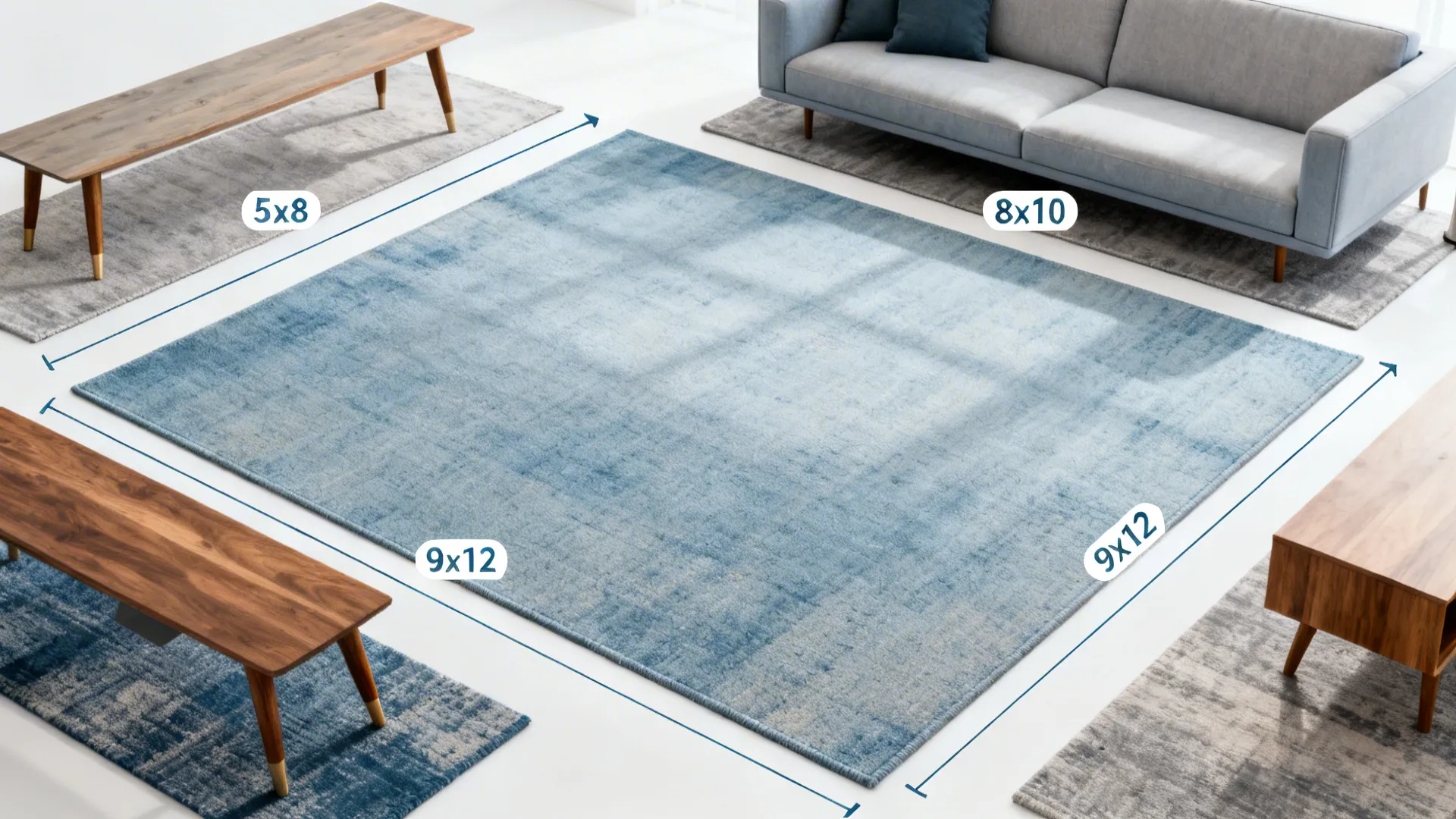 Top-down diagram of living room rug placement with common size overlays and furniture placement tips.