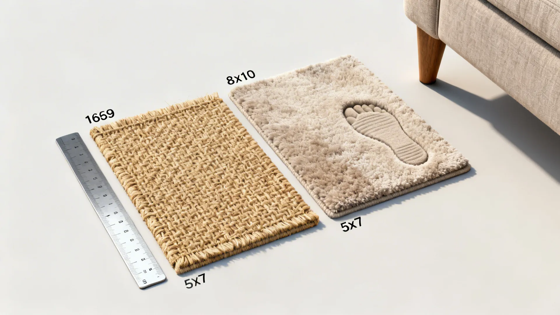 Comparison of two small area rugs with different textures and labels showing common rug sizes