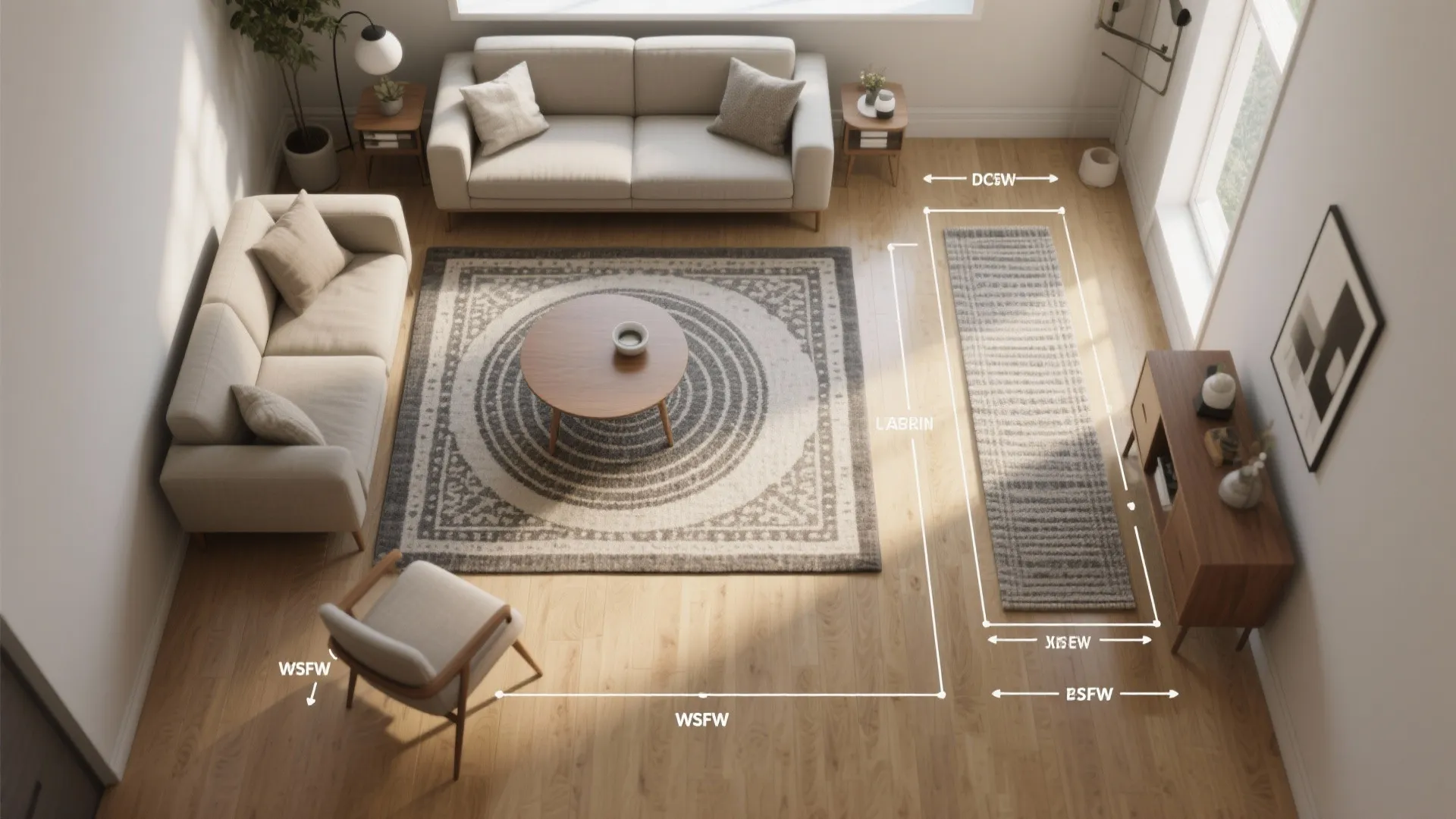 Top view of a living room layout with furniture and white dimension lines for rug placement