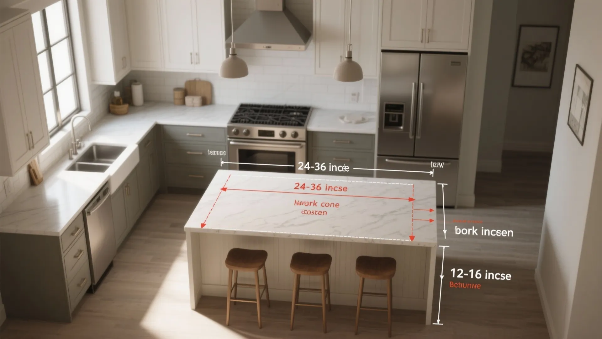 Kitchen island with marble countertop and wooden stools showing measurement labels for height and seating