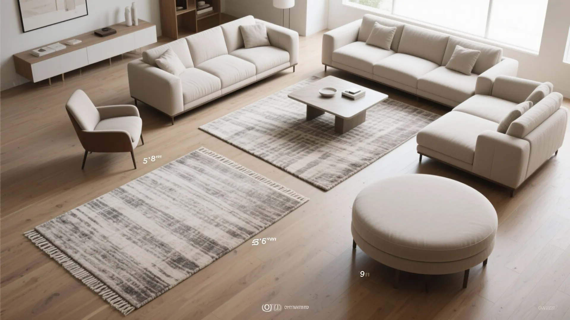Living room layout featuring two rugs with size measurements on wood floor with cream sofas