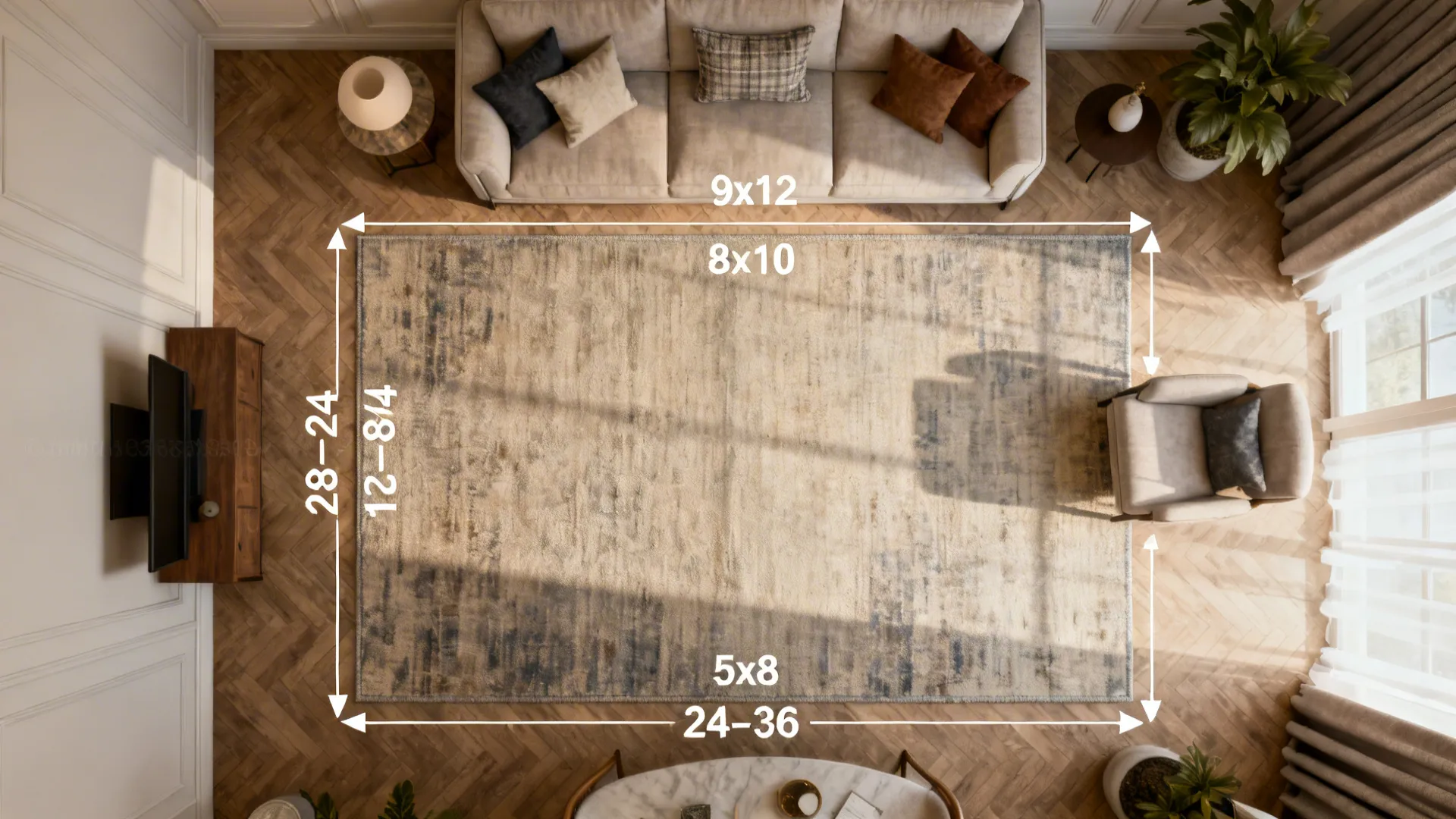 Top-down layout illustrations demonstrating recommended rug sizes by room dimensions with measured margins