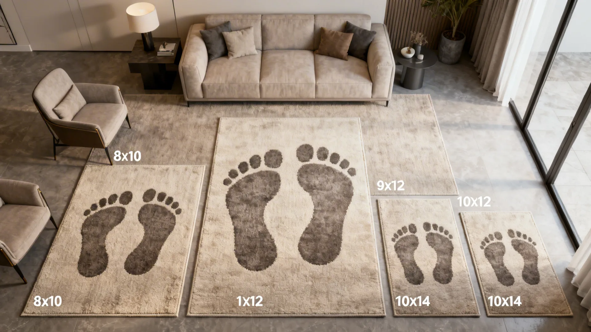 Top-down view showing different rug size options and how they fit living room layouts