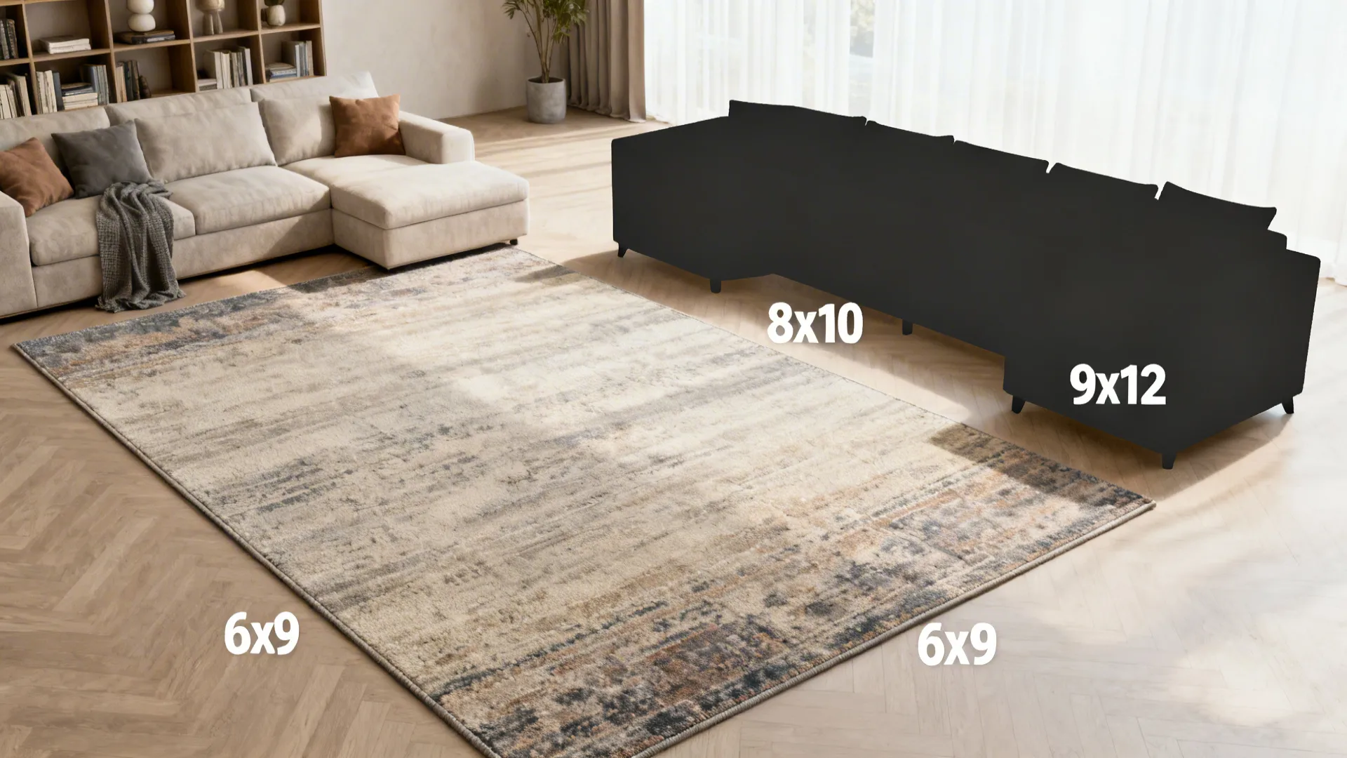 Visual guide showing common rug sizes alongside sectional silhouettes to illustrate scale options.