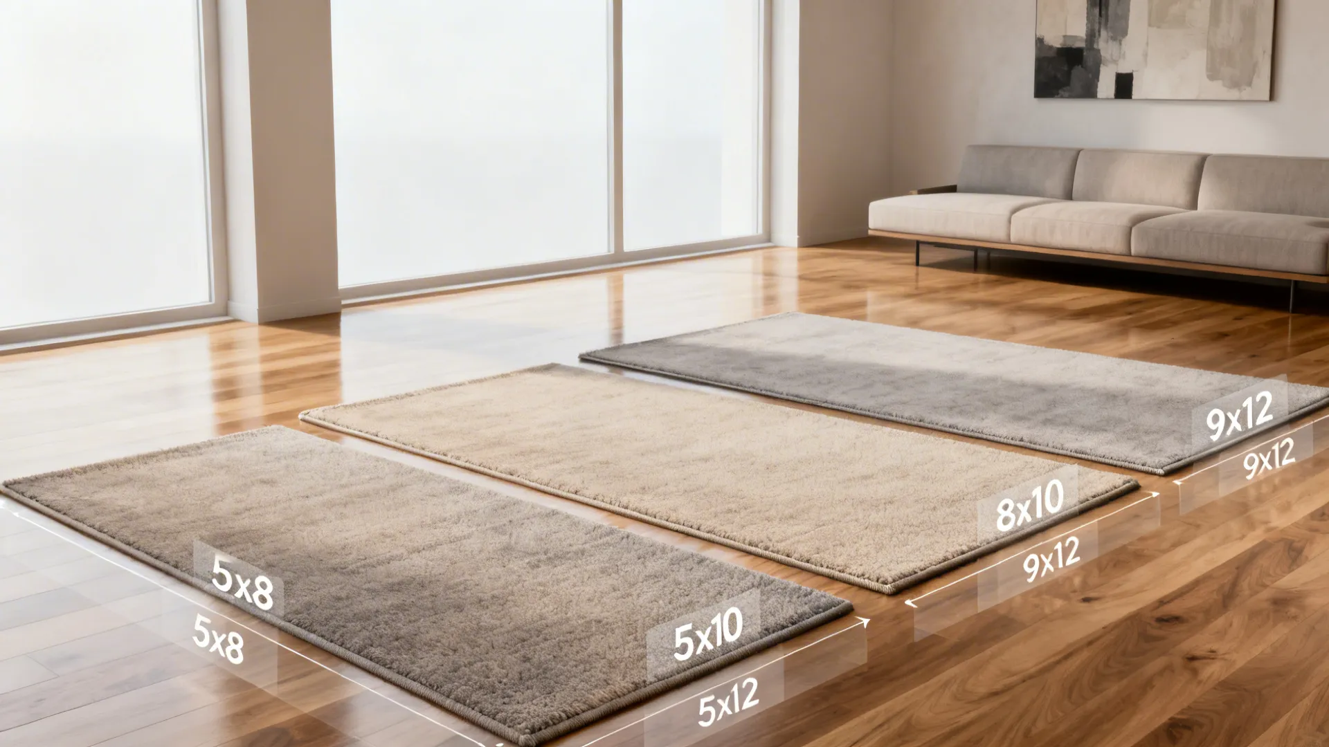Visual guide showing common rug sizes placed in a living room to illustrate scale options.