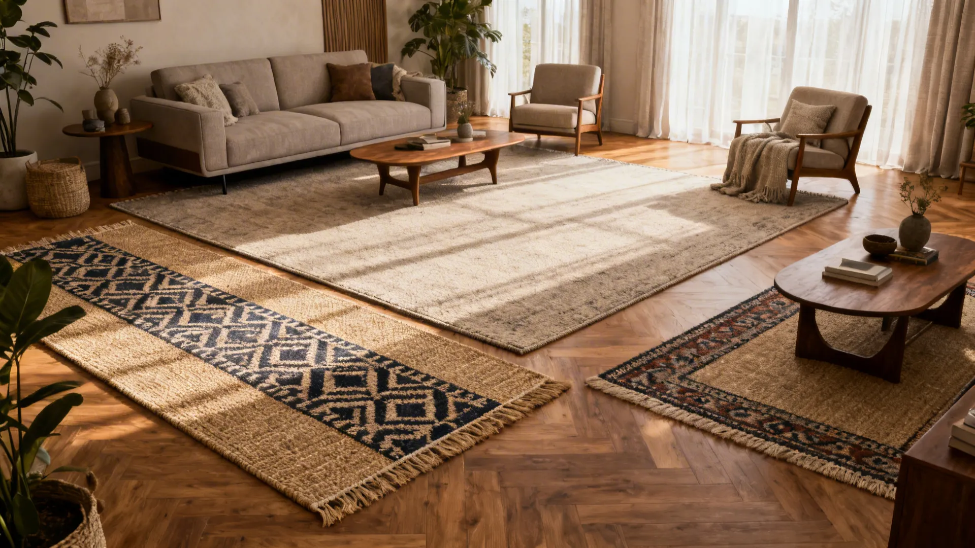 Spacious living room with various rugs on wooden floor featuring sofa chairs and coffee tables