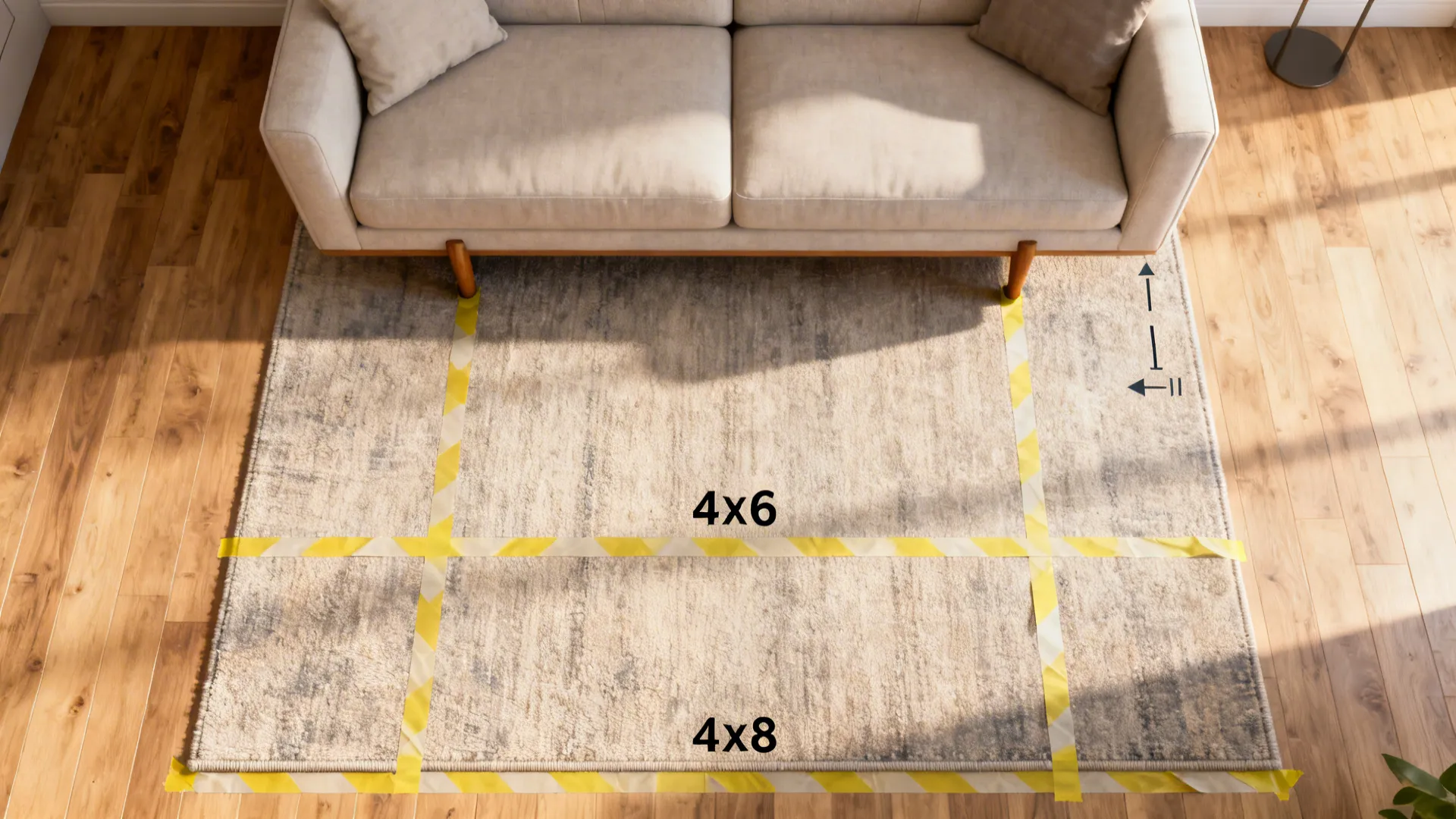 Top-down mockup showing 4x6 and 5x8 rug placements with sofa front legs on the rug.