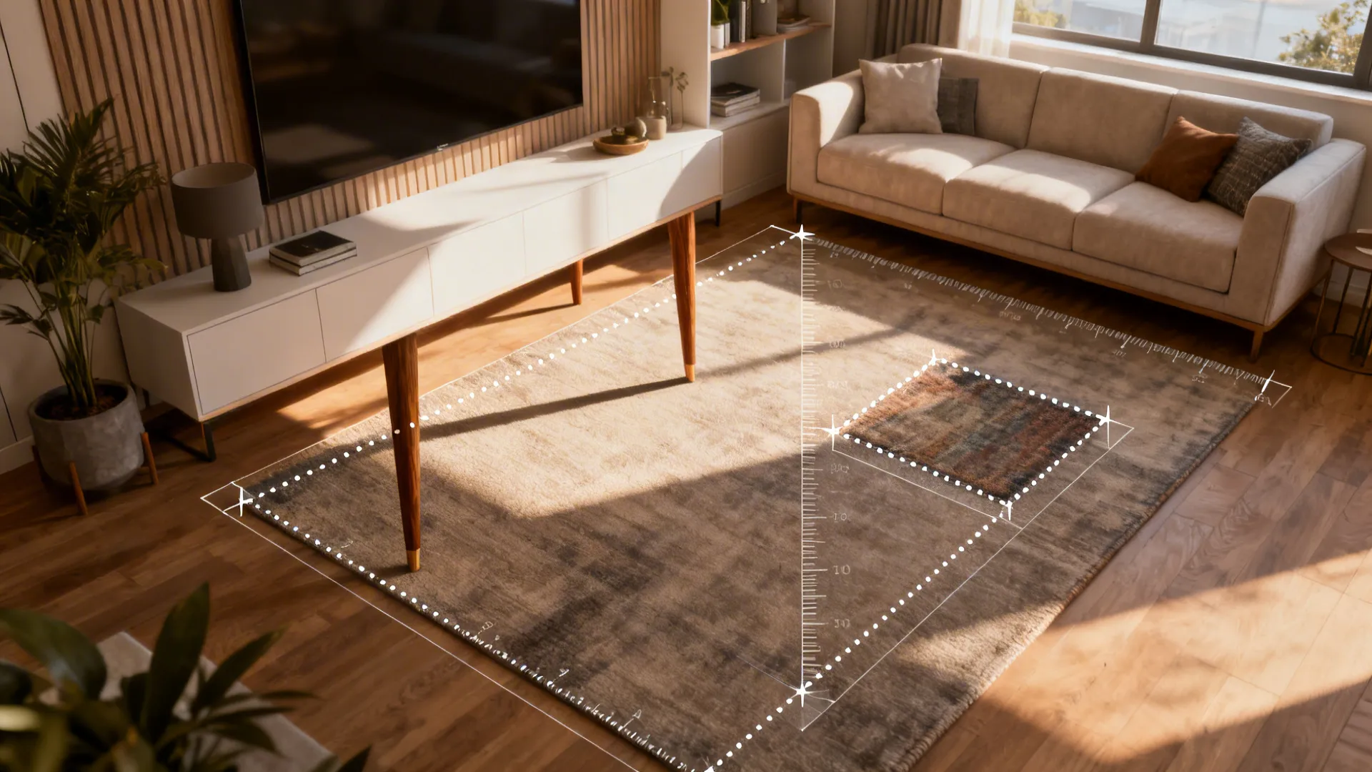 Top-down view showing correct rug sizes with furniture partially on the rug