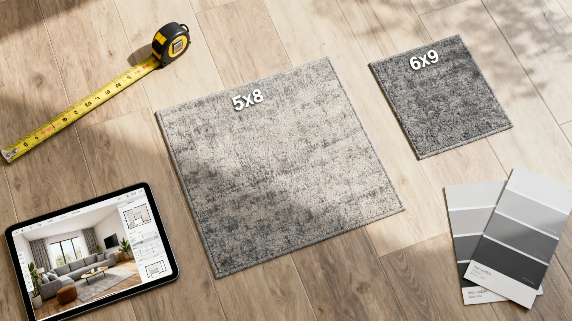 Two gray rug samples labeled five by eight and six by nine with measuring tape tool
