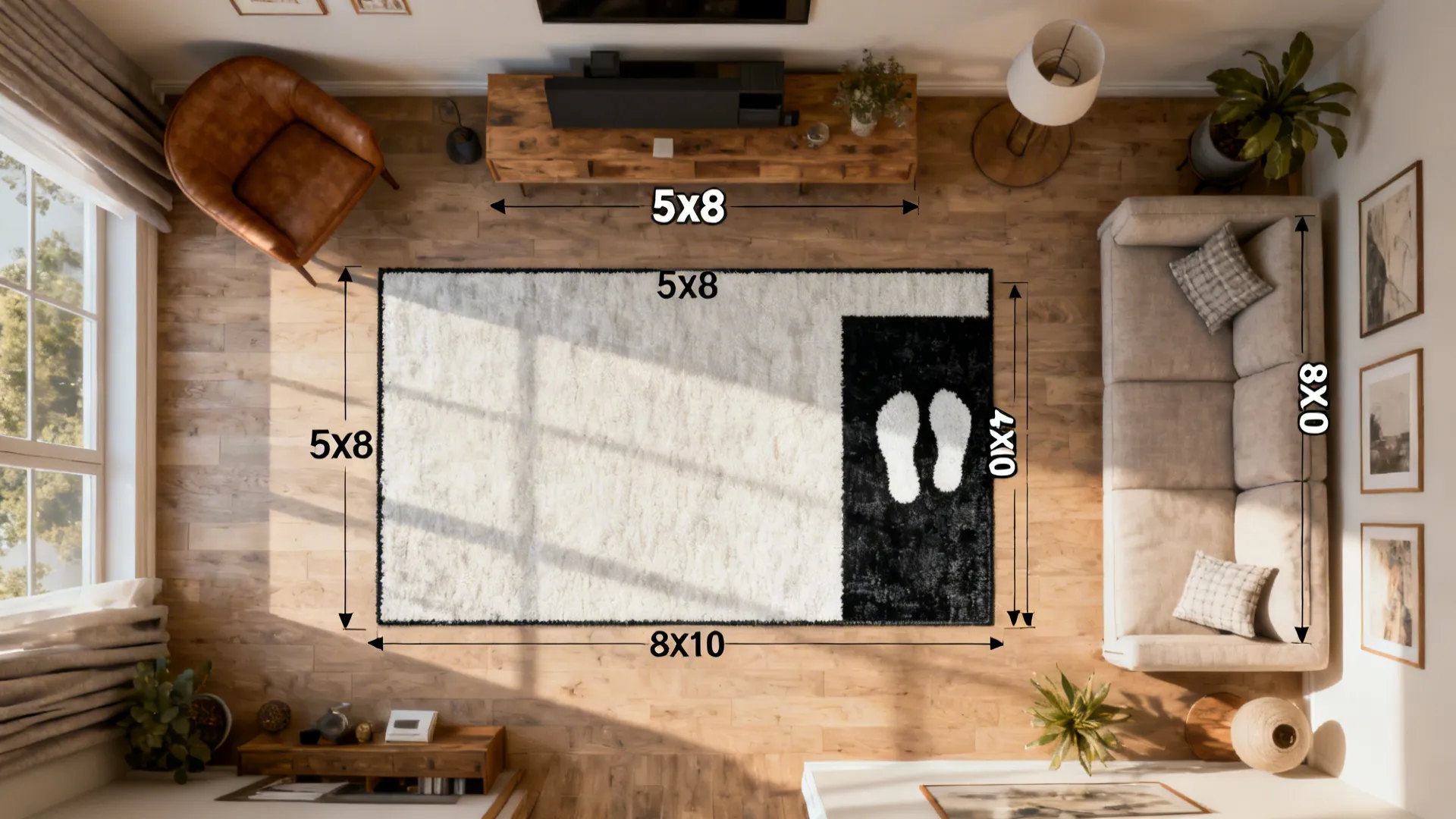 Top-down plan of a small living room showing scaled rug sizes and furniture placement.