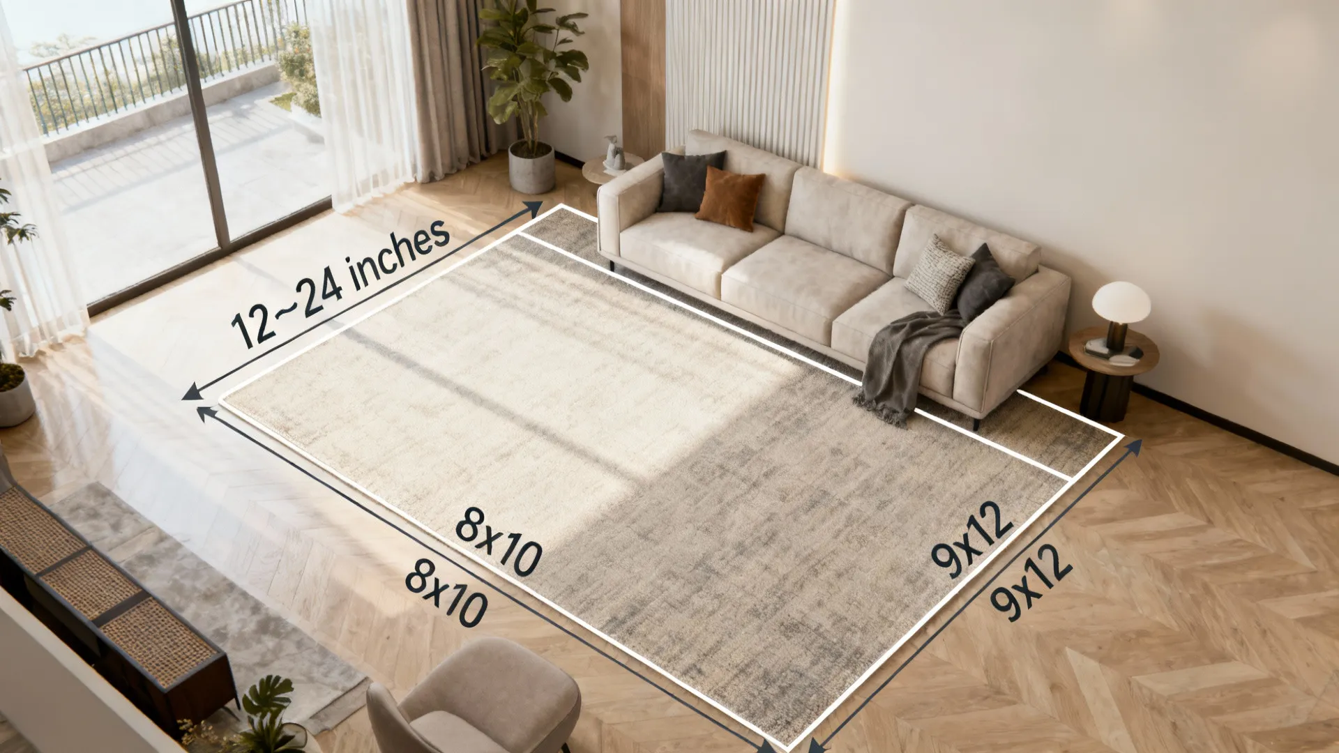 Top-down living room diagram illustrating rug size guidelines and measurements from rug edges to walls.