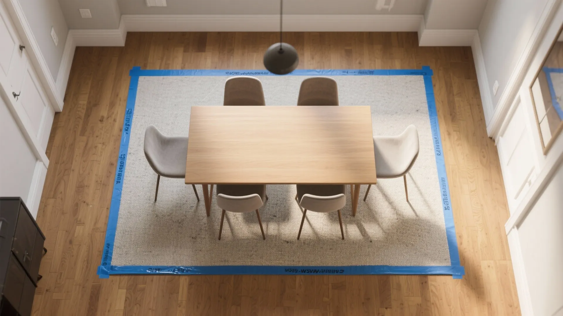 Top down view of wooden dining table and chairs on rug marked with blue tape