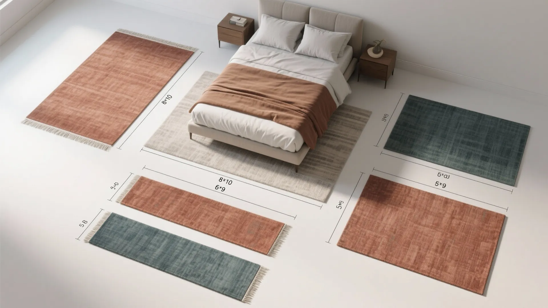 Infographic showing various rug sizes and colors arranged around a bed with clear size labels