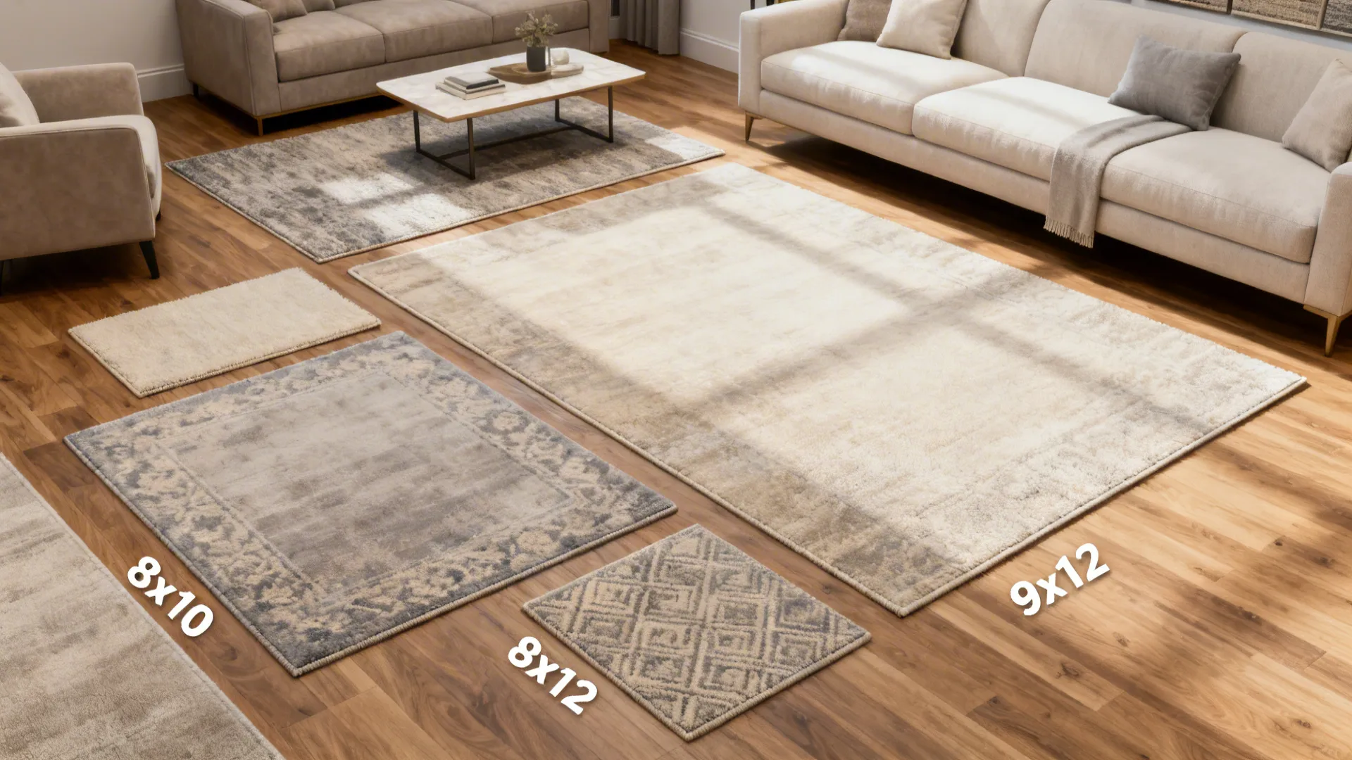 Showroom view of multiple rug sizes laid out to demonstrate scale and recommended dimensions.