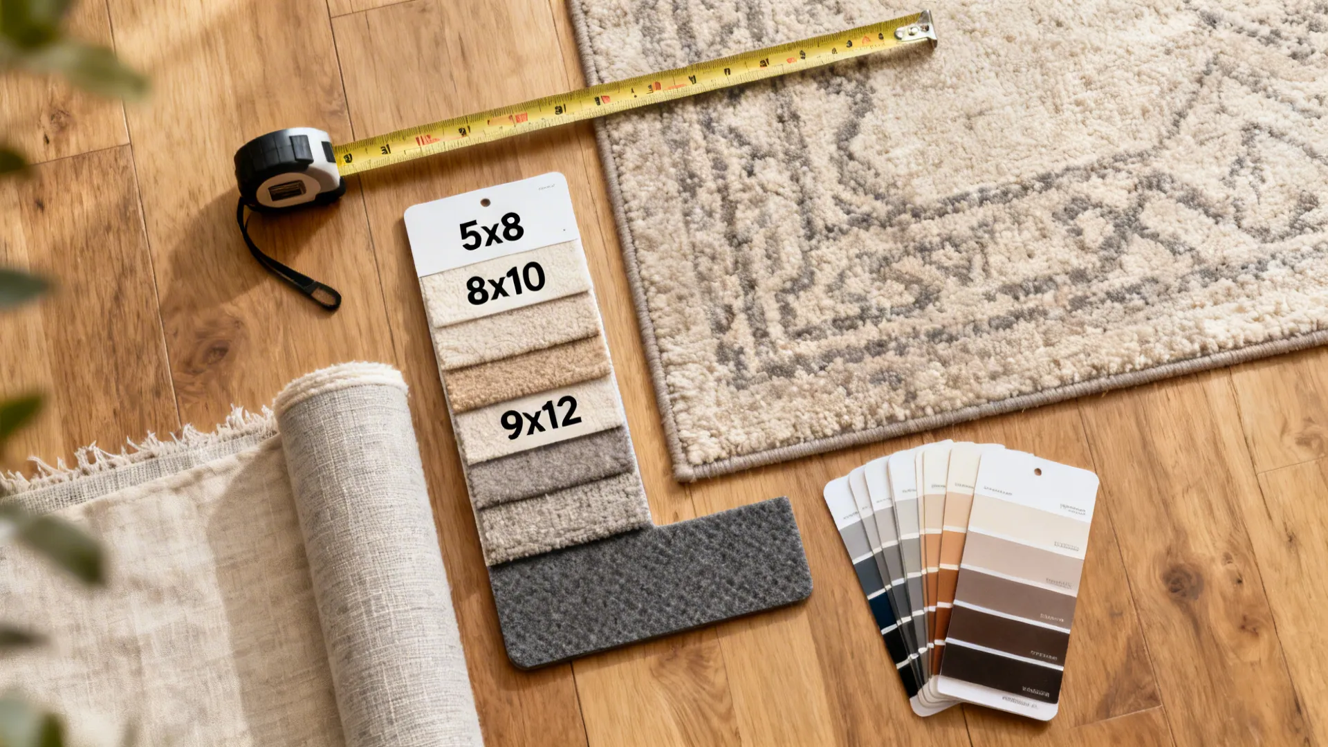 Flatlay of rug measuring tools, size swatches and rug pad samples on wood floor