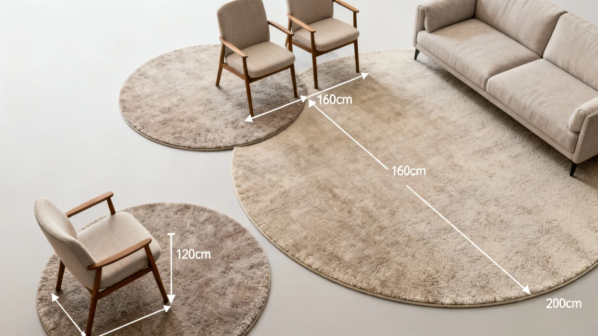 Top-down visual guide showing different round rug sizes and placements for various seating layouts.