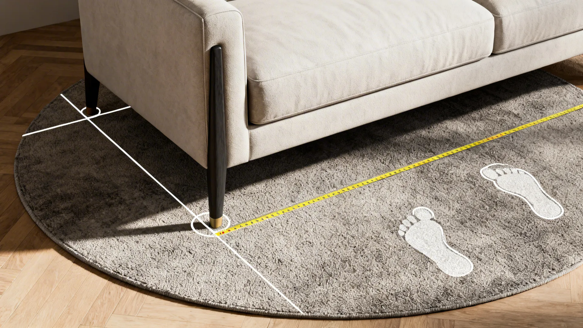 Top-down visualization showing rug sizing with sofa front legs positioned on a round rug.