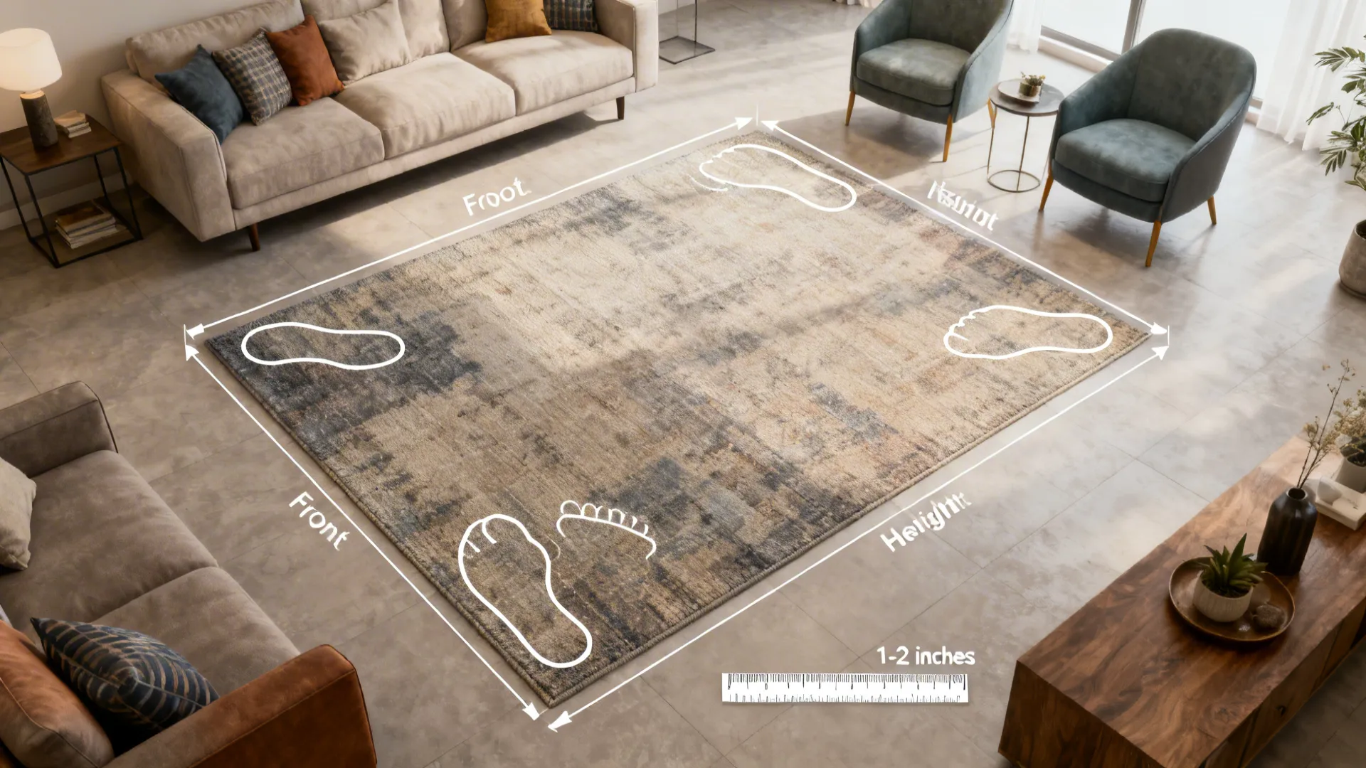 Top-down view with rug sizing and placement guidelines showing furniture footprints and measurement lines