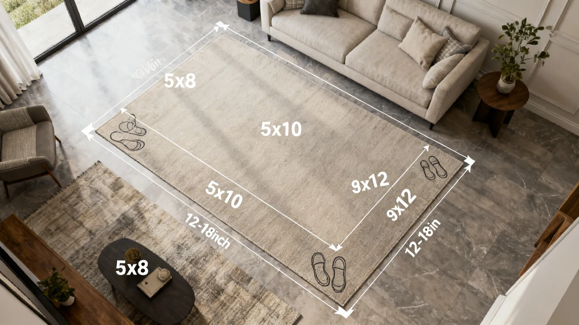 Top-down living room layouts showing rug sizes and recommended clearances