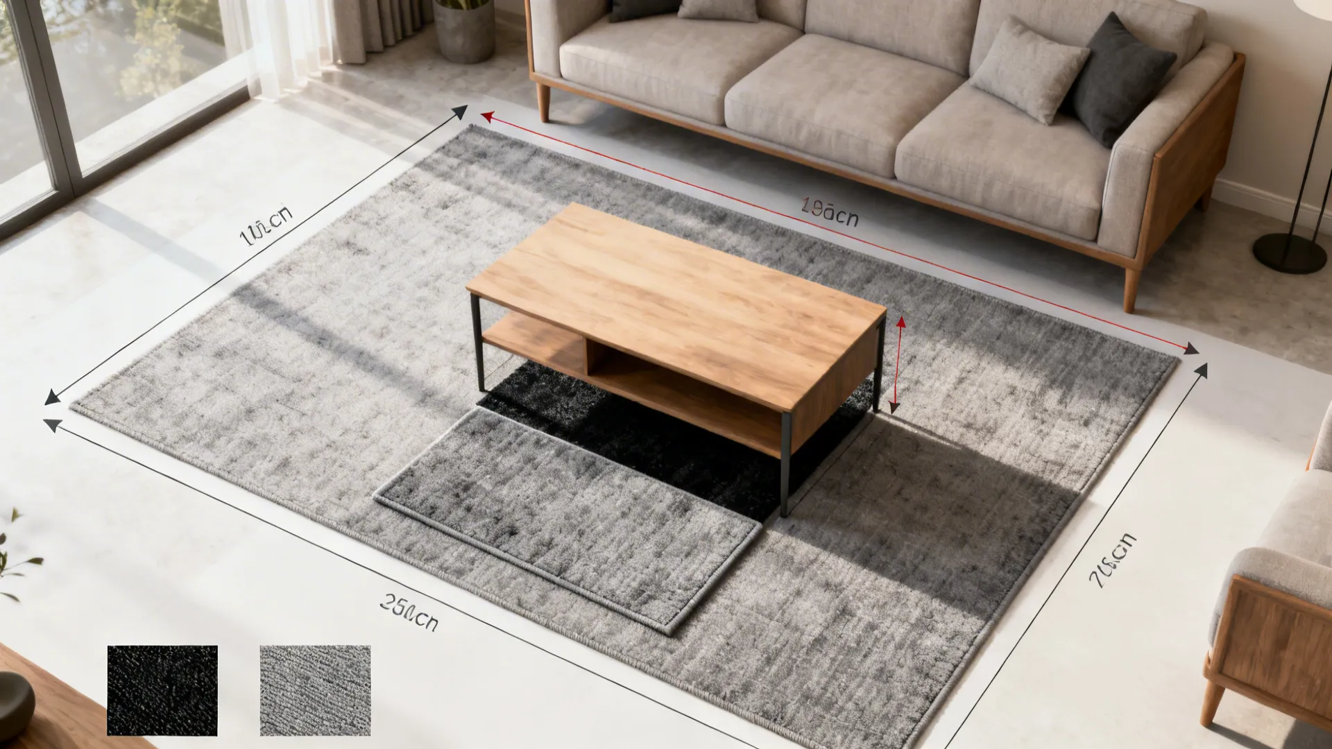 Top-down diagrams showing rug sizing and placement options for small living rooms.