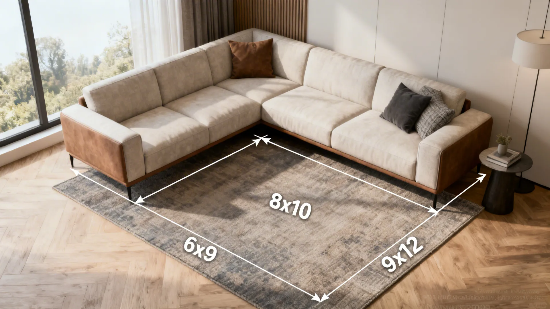 Top-down room planner style diagram showing rug sizing and placement rules for an L-shaped sectional.