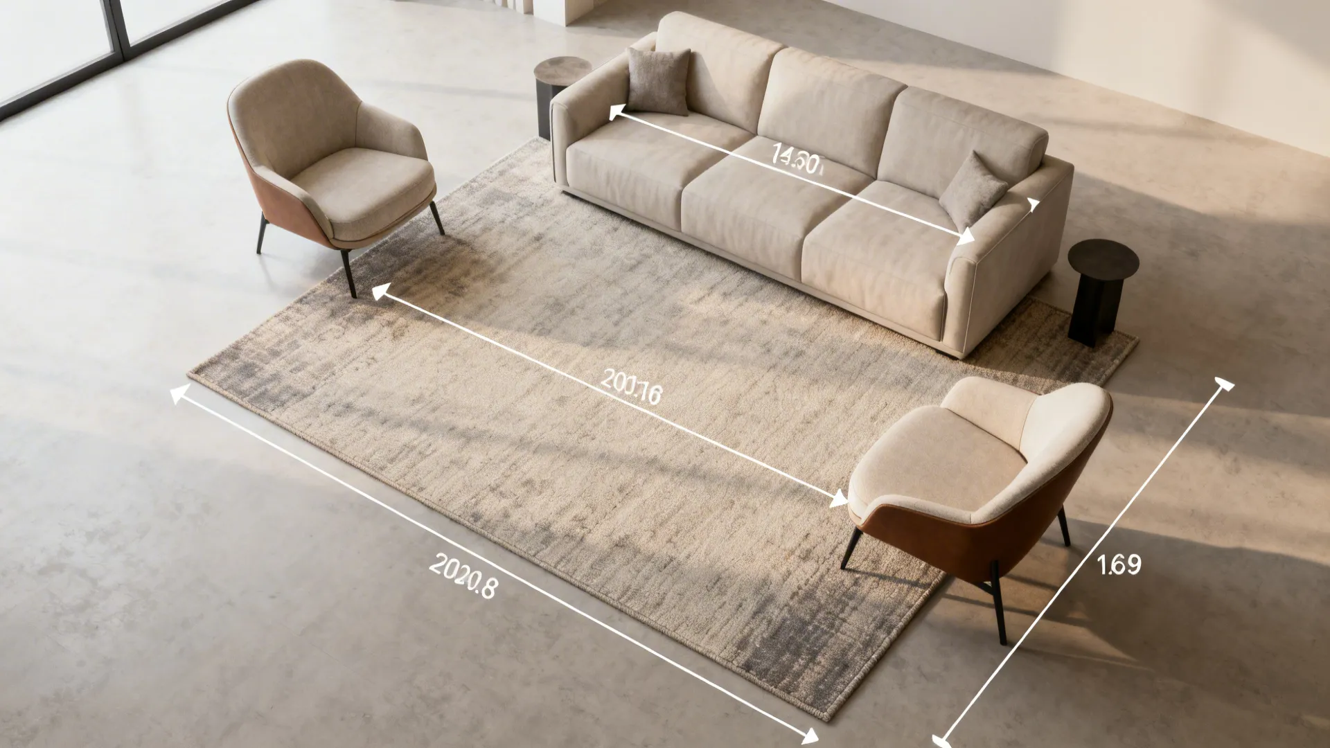 Top-down room planner mockup illustrating rug sizing and placement relative to sofa and chairs