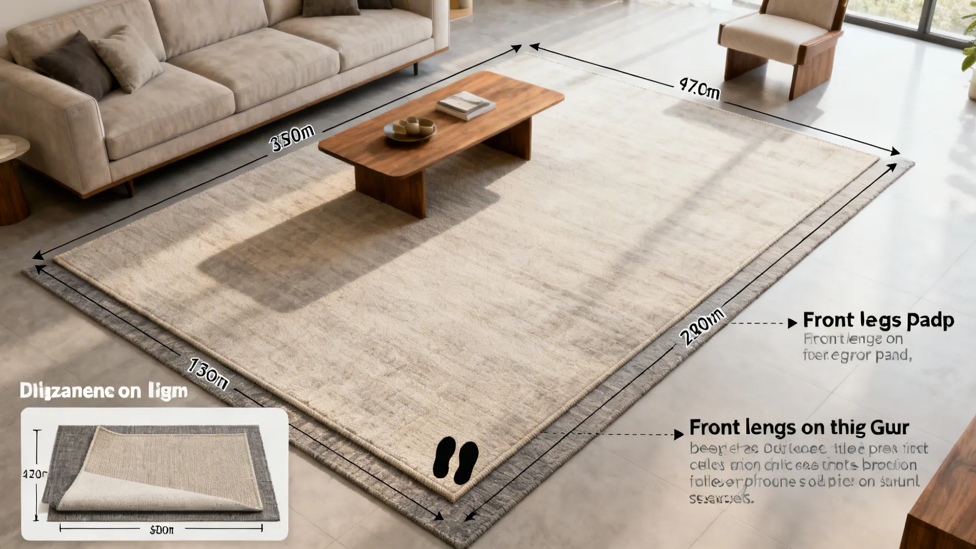 Top-down diagram showing rug sizing and placement with furniture footprints.