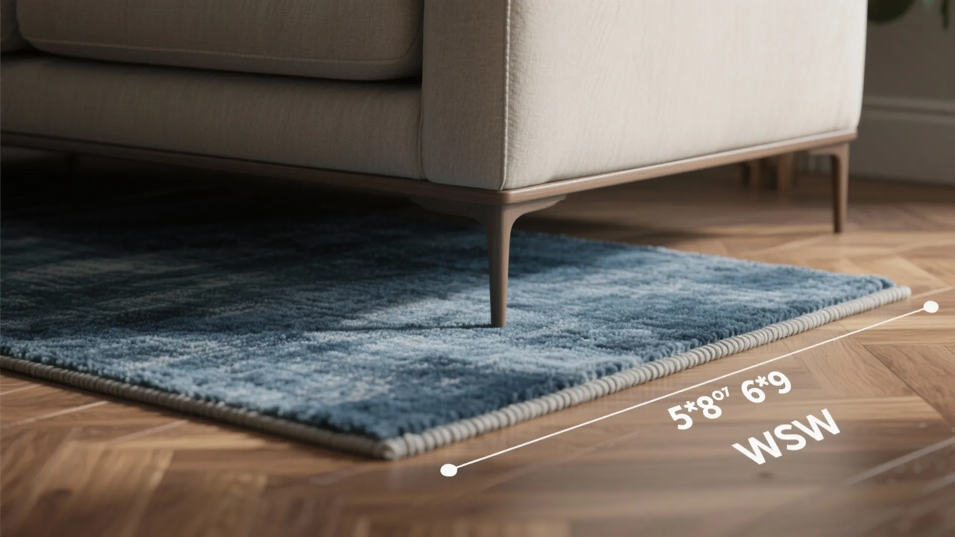 Macro detail of an indigo rug under the front sofa legs, showing texture and correct sizing connection.