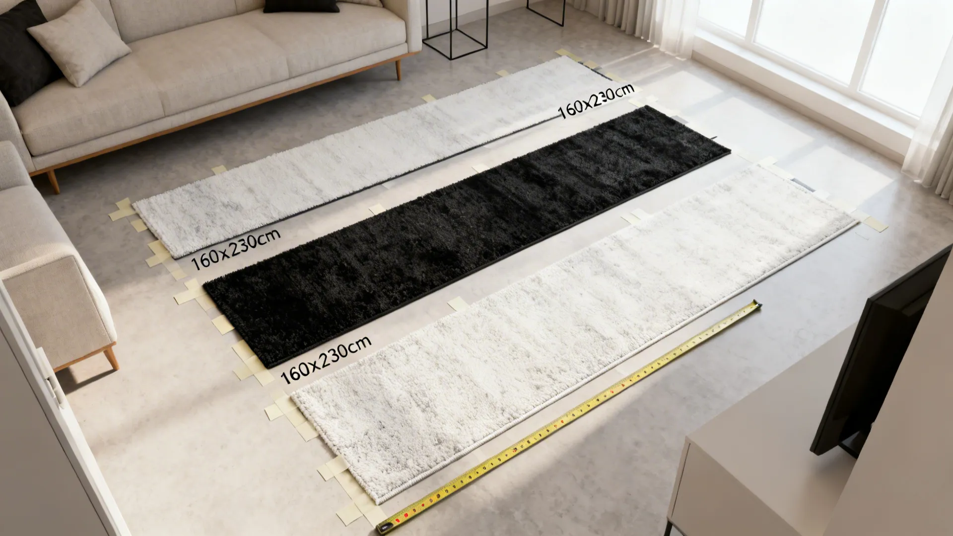 Three different rugs placed on living room floor with size labels and yellow measuring tape