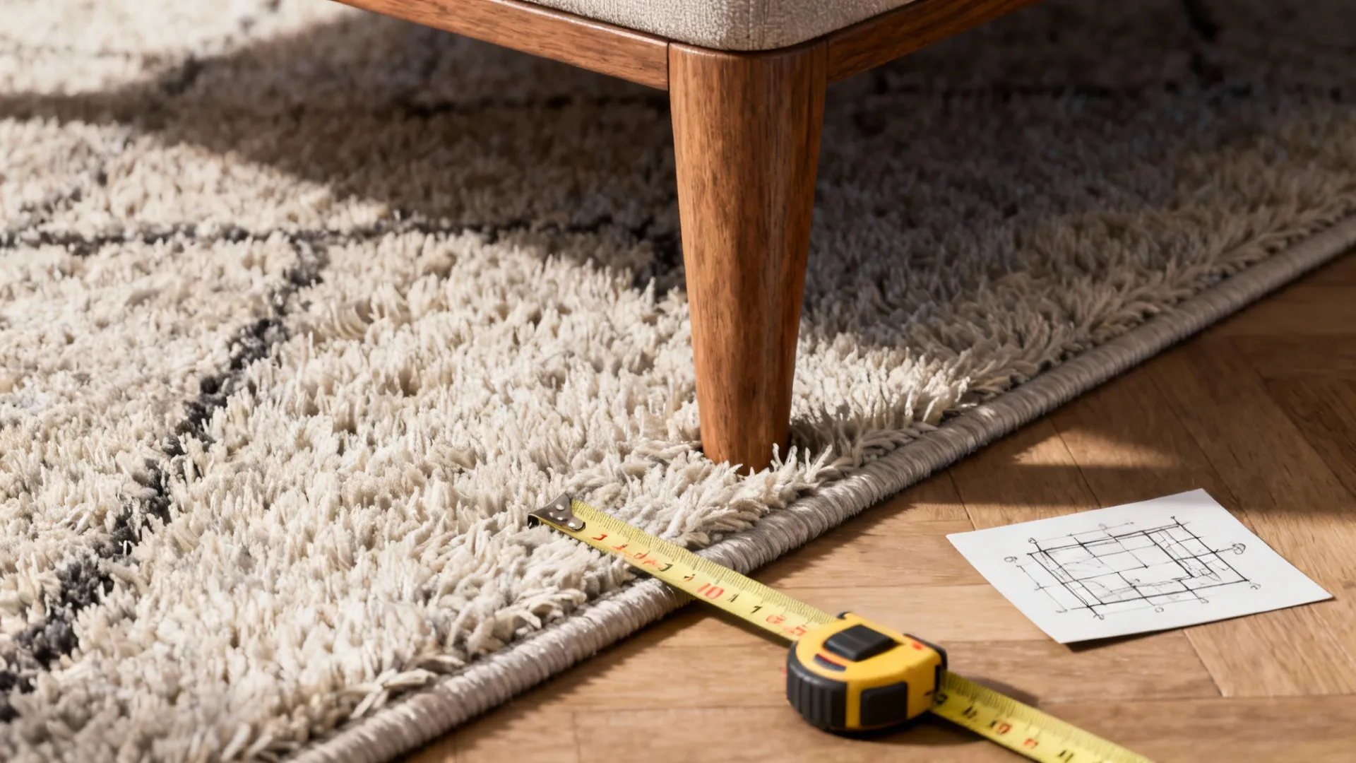 Close-up of rug edge, furniture leg and measuring tape illustrating rug sizing tips.