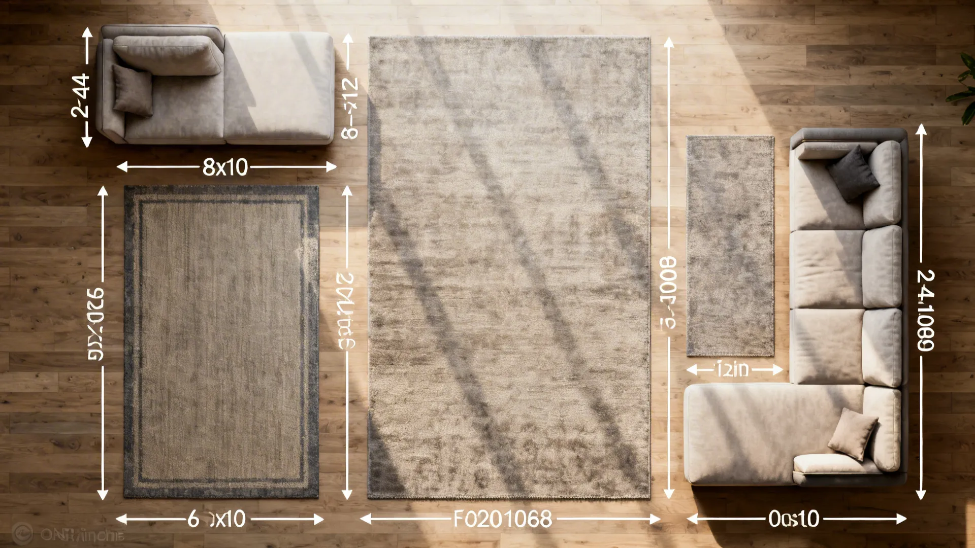 Top-down room layouts showing rug size options and measurement margins for sectionals