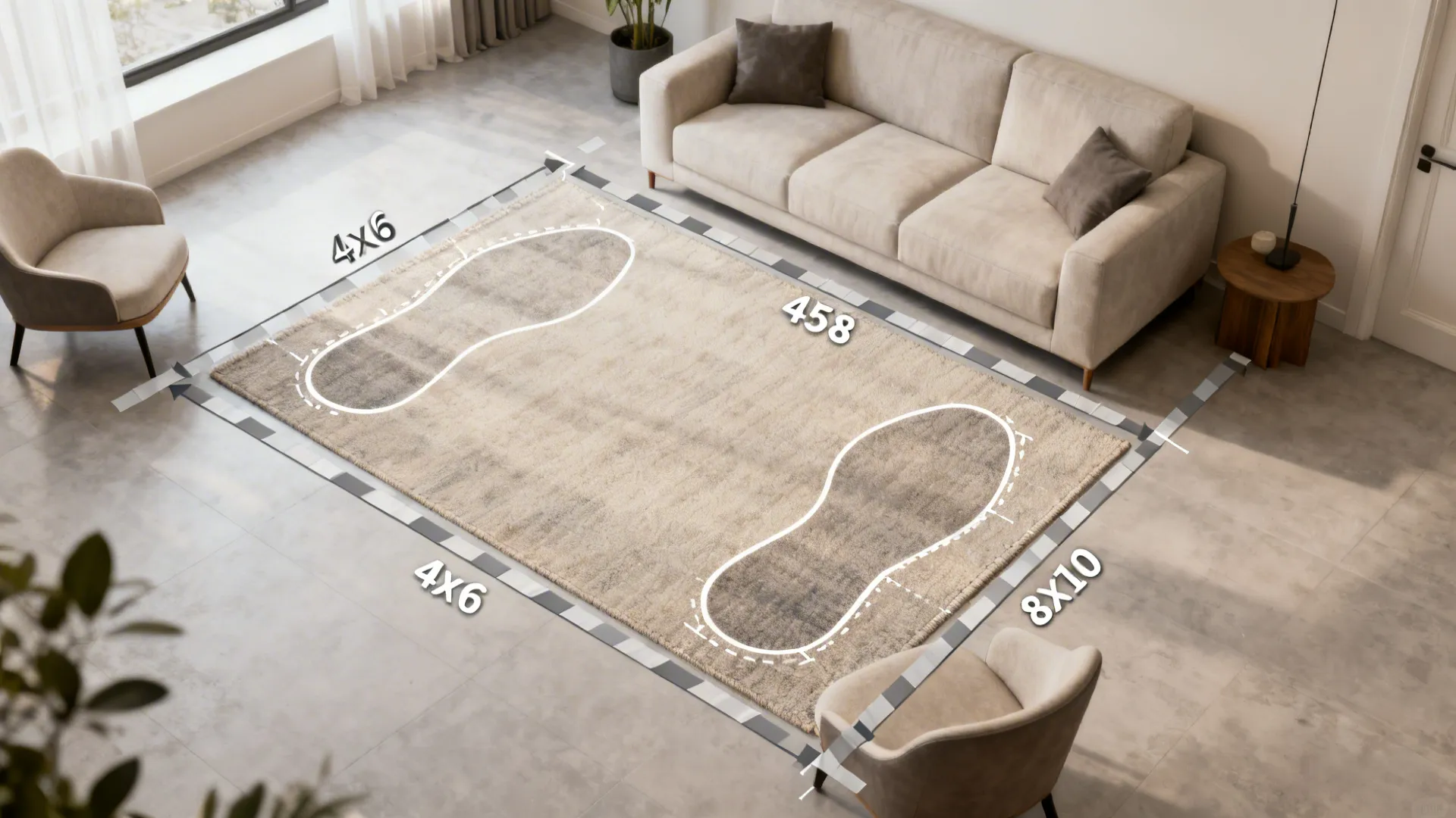 Living room layout showing rug size options and placement under a beige sofa and armchairs